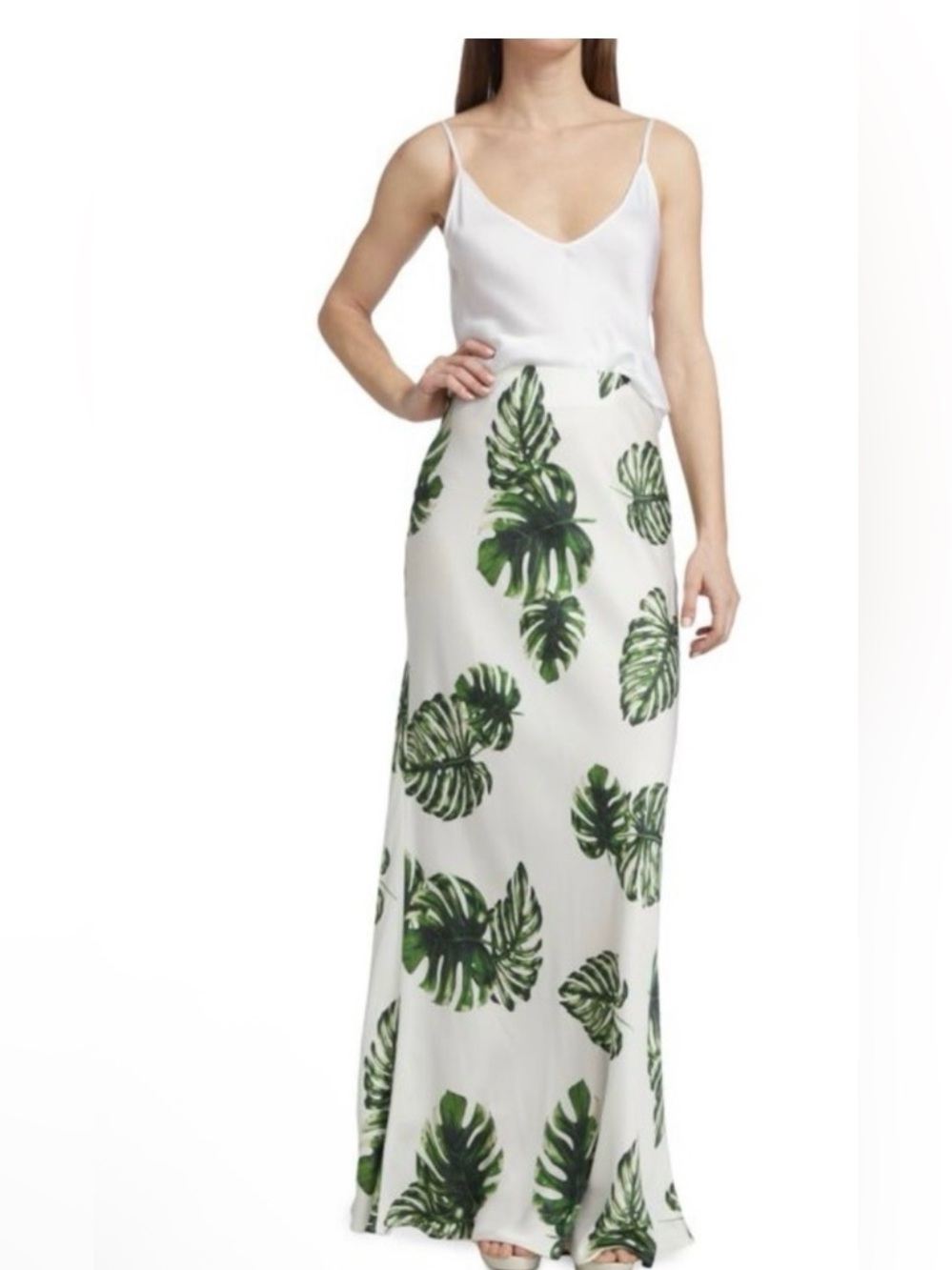 L'Agence Zeta leaf-print satin maxi skirt in white and‎ green size large resort